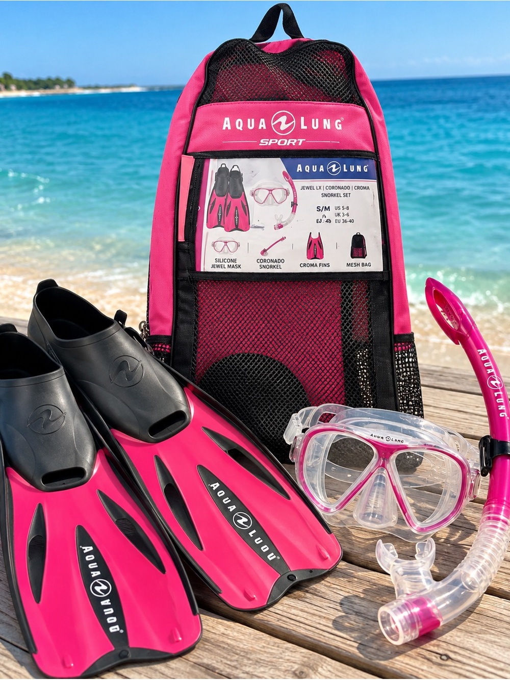 Aqua Lung Sport Jewel LX Snorkel Set S/M Pink Mask Coronado Snorkel Croma Fins B